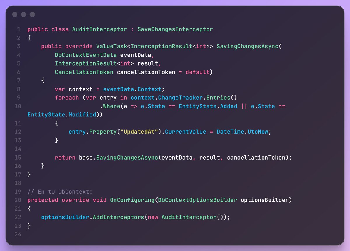 kuma_code's tweet image. 💡 Tip #1 — EF Core 9 Interceptors
Mejora el rendimiento y audita cambios sin ensuciar tu dominio.
Ahora puedes interceptar consultas, comandos SQL o guardados globalmente.
👉 Centraliza timestamps, logs o métricas sin acoplar código.
#dotnet #EFCore9 #CSharp #CleanArchitecture