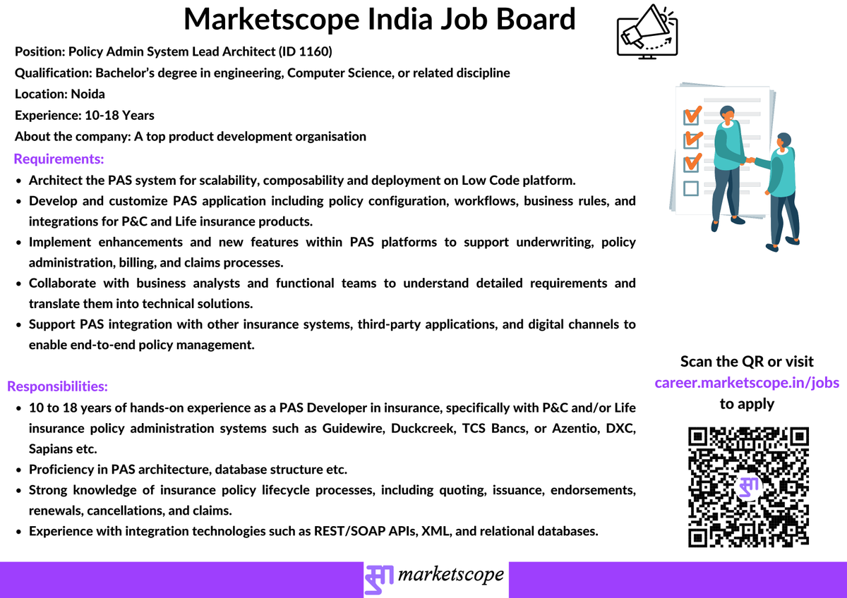 Marketscope_IND's tweet image. Job Alert !!!
We are currently looking for candidates for a POLICY ADMIN SYSTEM LEAD ARCHITECT for a top product development organisation

Experience: 10-18 Years
Location: Noida

To apply please visit
career.marketscope.in/jobs
(Please search for ID 1160)

For more such updates,…