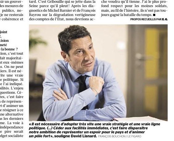 « Participer à ce gouvernement est une erreur stratégique, un renoncement. »

« Céder aux facilités immédiates, c’est faire disparaître notre ambition de représenter un espoir pour le pays et d’animer un pôle fort. »

<a href="/davidlisnard/">David Lisnard</a> pour <a href="/Le_Figaro/">Le Figaro</a> aujourd’hui