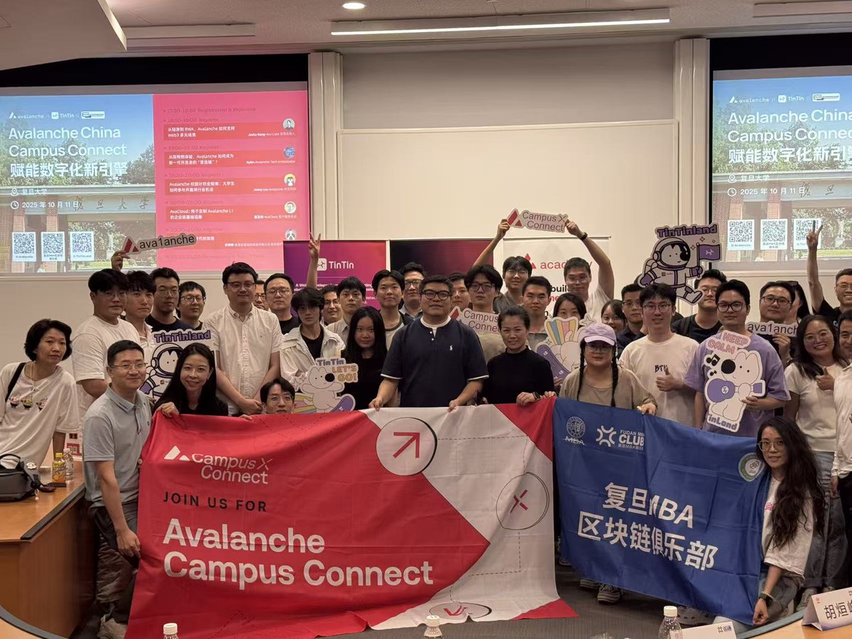 Avalanche_CN's tweet image. 10 月 11 日晚上,复旦大学区块链协会、@OurTinTinLand 合作的 Avalanche Campus Connect在上海复旦大学成功举办!
从Avalanche 共识技术的底层探讨到 RWA,从开发者生态到AvaCooud 企业级基础设施,活动汇聚了来自校园、技术与产业的思想碰撞,共同探讨 Avalanche…