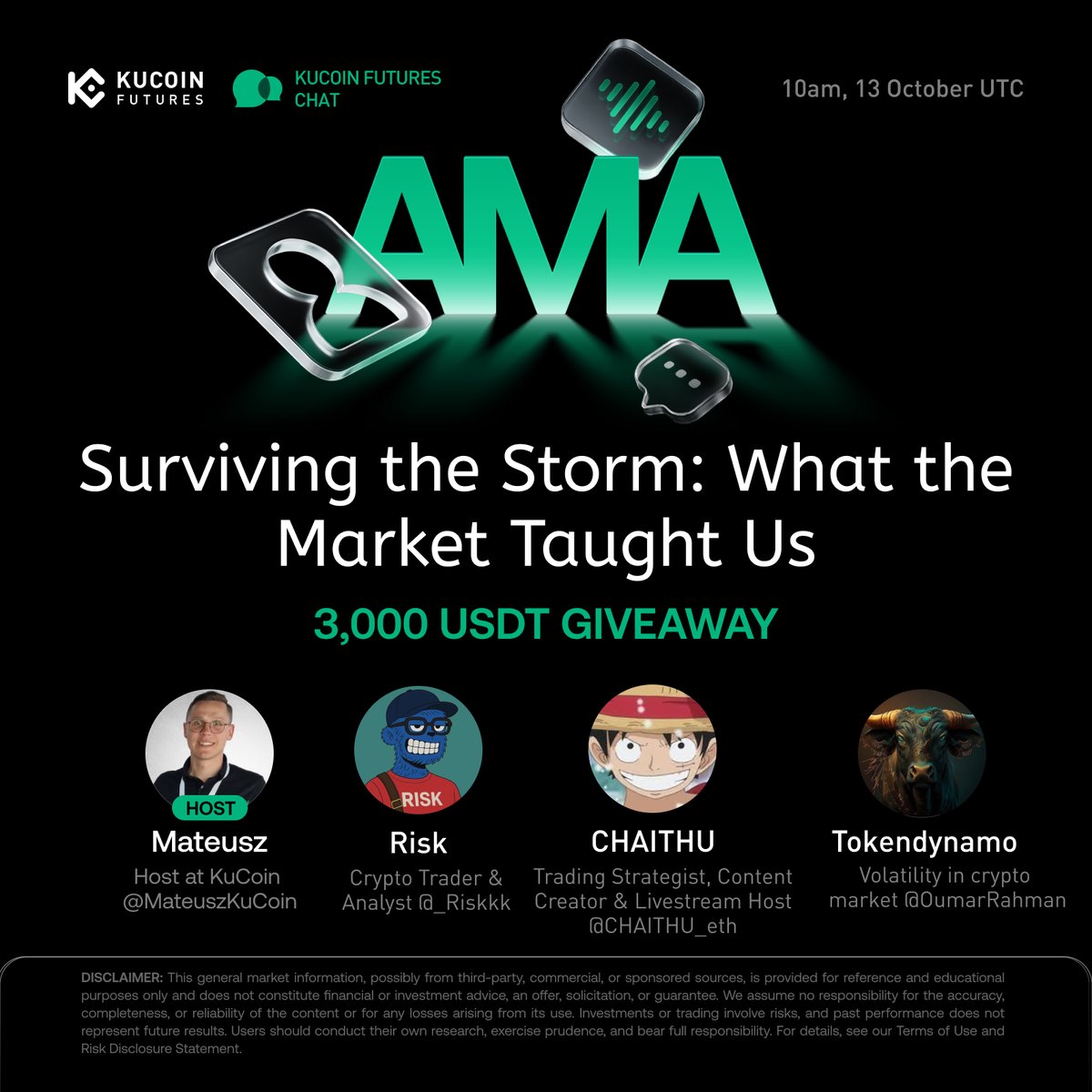 🎙 Futures Chat LIVE   
🗓 Oct 13, 10:00 AM (UTC)  
💰 3,000 USDT Prize Pool

How to claim:
1️⃣ Follow <a href="/KuCoinFutures/">KuCoin Futures ⚡️</a>
2️⃣ Like, RT &amp; Tag 3 friends
3️⃣ Join Space: x.com/i/spaces/1ynJO…
4️⃣ Fill out Gleam form: gleam.io/NR2y5/kucoinfu…

#KuCoinFutures #CryptoAMA #Giveaway #Airdrops