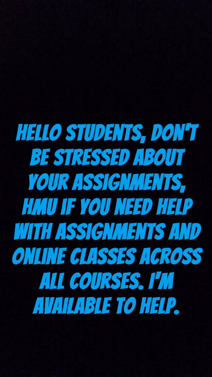 HelperHomework1's tweet image. Feeling stuck with your assignments;
#fallclass
✓Essay due
✓Math......
✓programming
✓Coding..
✓Pay Paper........
✓Homework..
✓Online Classes
✓Assignment.
✓Statistics
✓Accounting
✓finance!
Kindly dm me....
We are available