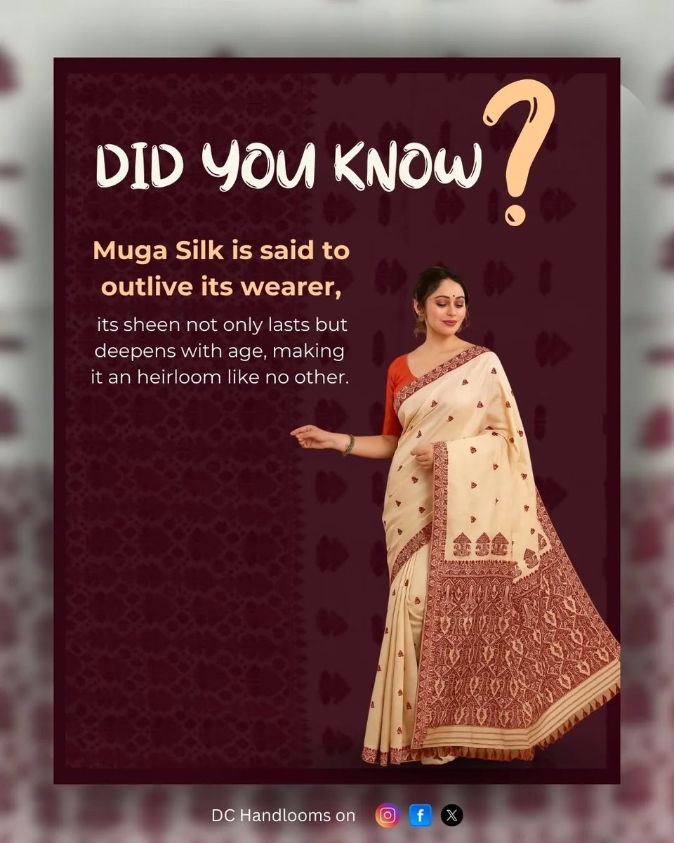TexMinIndia's tweet photo. (2/2) A Muga saree is equivalent to a time machine. Draped once, it outlives moments, outshines seasons, whispers stories of kings, queens, and weavers who dared to make eternity tangible. https://t.co/SwNAW4hMAl