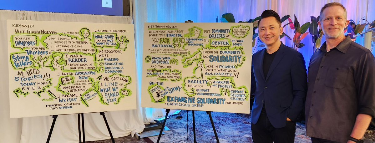 MarkerNinja's tweet image. An honor to graphic record a talk by Viet Thanh Nguyen, Pulitzer Prize-winning author. I admired his message to stand together for DEI and for others, even in the face of those in power who want to diminish our solidarity.
#graphicrecording #DEI #equity #highereducation