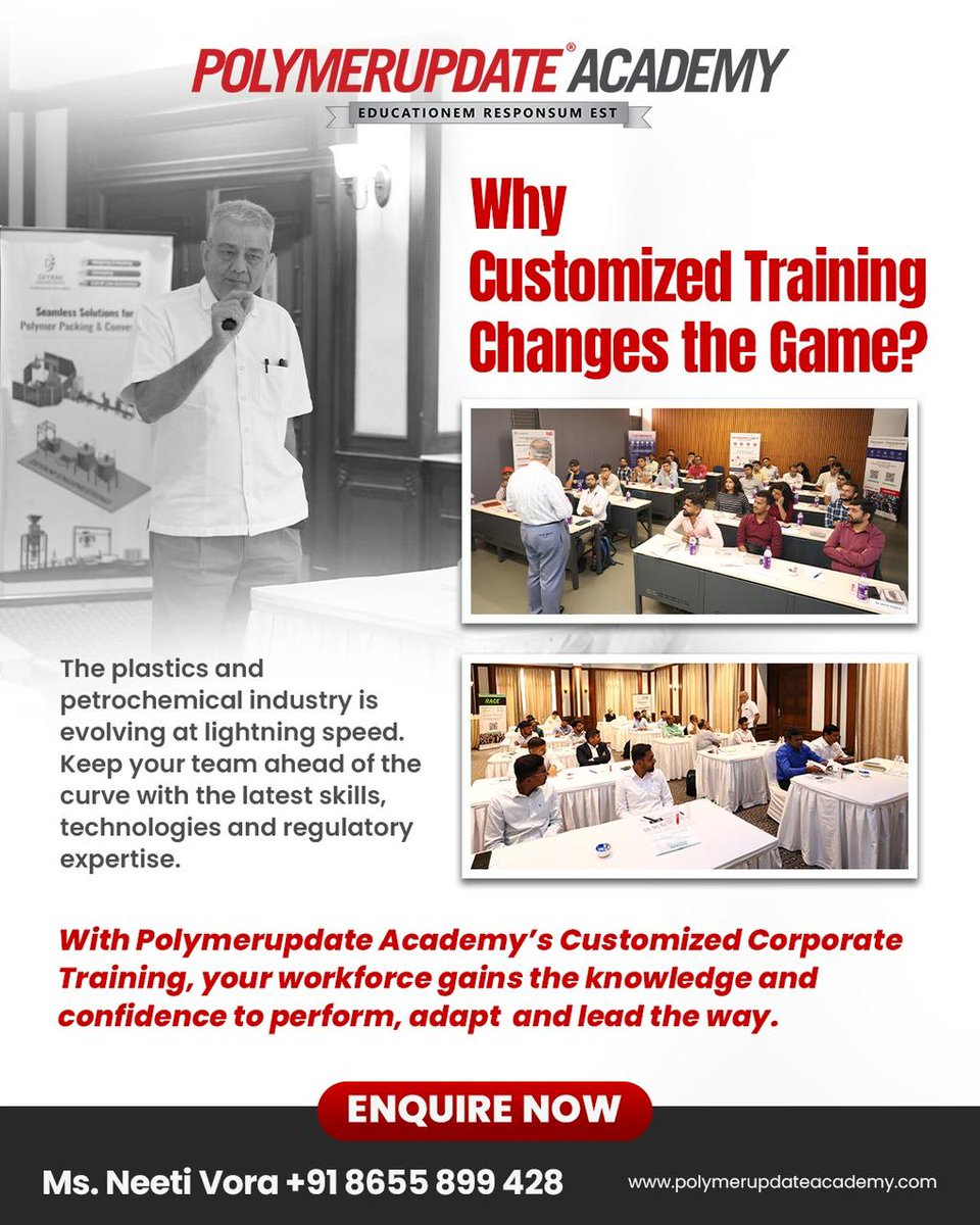 PolymerupdateA's tweet image. “From Learning to Earning — We Build Industry Champions.”
Empower your team with customized corporate training by Polymerupdate Academy — real experts, real results, real growth.
📞 Neeti Vora | +91 8655 899 428
#CorporateTraining #PUA #SmartLearning