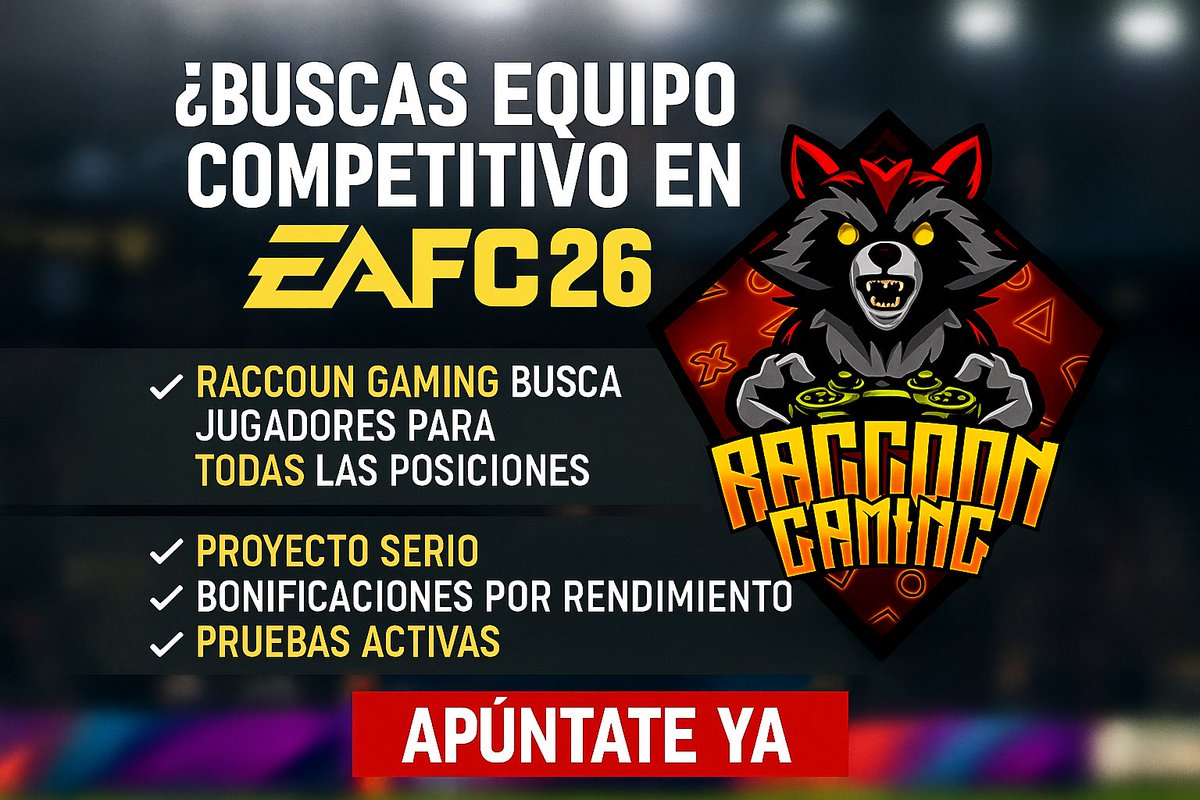 📢 Reclutamiento abierto en Raccoon Gaming 🦝
Buscamos:
🎨 MC creativo
🛡️ 2 carrileros todoterreno
🎯 DC killer
👉 Si eres tú, envíanos un MD y hablemos.
<a href="/_chocolate3000/">AYUDAS FIFA CHOCO3K🐦</a> <a href="/AyudaInfoClubes/">AYUDA • INFO • 3️⃣0️⃣0️⃣0️⃣</a> <a href="/Ojeadorbossfc/">Ojeador Fc26</a> #eafc26 #clubespro
