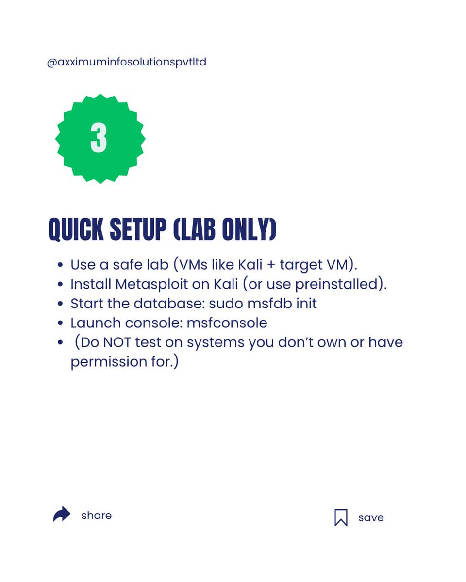 Anastasis_King's tweet image. 💥 Metasploit — Comprehensive Guide: Framework, Workflows &amp;amp; Safe Use ☣️

A compact overview of Metasploit’s core components (msfconsole, msfvenom, modules, and Meterpreter), common workflows for authorized validation, and how to document findings responsibly.

#Metasploit