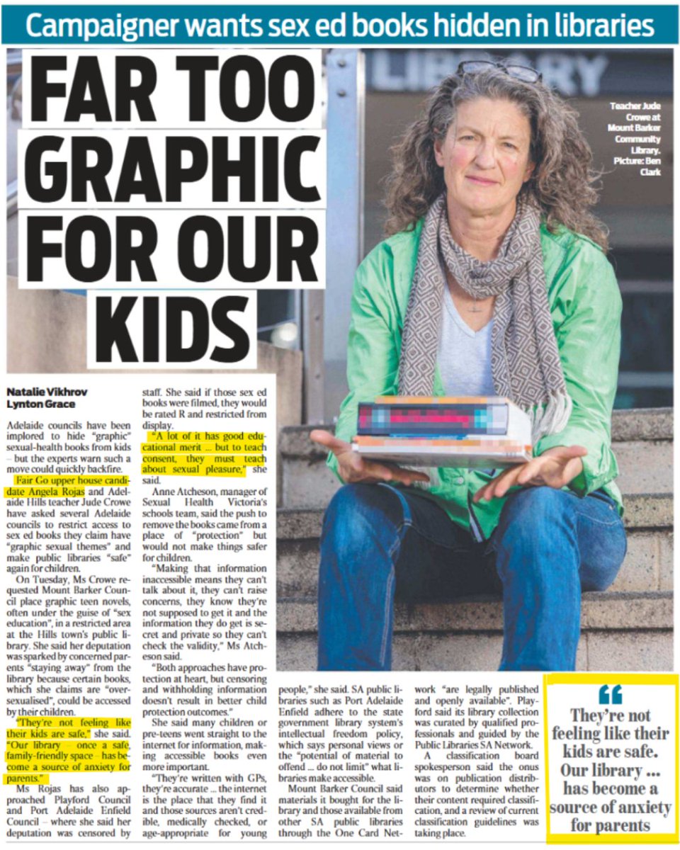 Books with the same sexually explicit content as MA15+ or R18+ films or games should have similar legal restrictions in public libraries.

This common-sense argument was made by Fair Go’s wonderful Upper House candidate – and licensed classifier – Angela Rojas, who pointed out