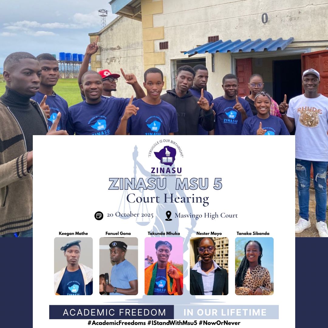 Zinasuzim's tweet photo. 📌MSU 5 COURT HEARING ⚖️
On October 20th,5 Midlands State University students will appear in court to challenge unjust suspensions and expulsion.
After 7 months, they are still denied access to education, this highlights a critical issue,academic exile is a collective problem https://t.co/lrQ0wxPVtL