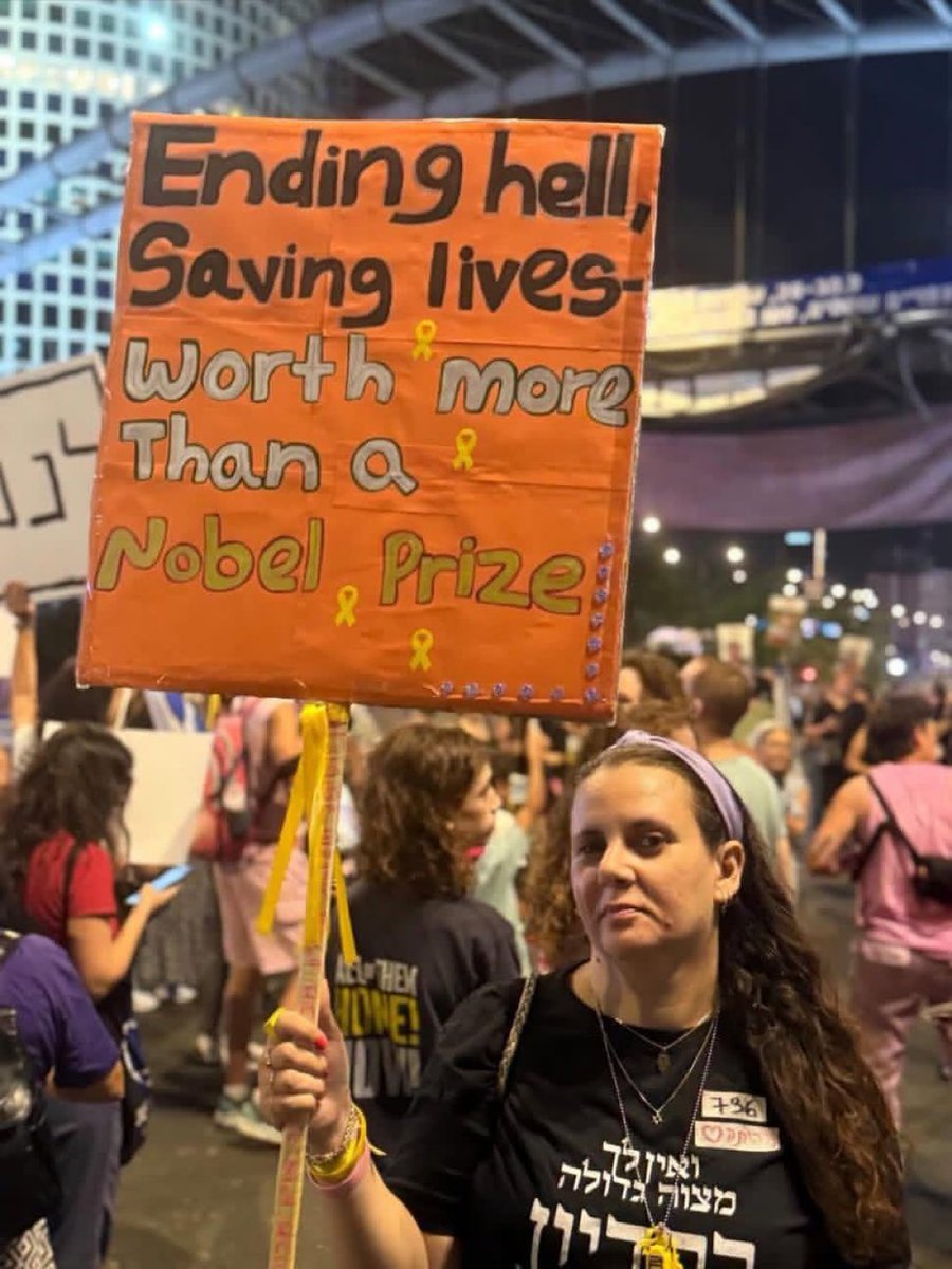 A sign seen in Tel Aviv this morning where Israelis are awaiting President Trump’s arrival as the first set of hostages were just released. 

“Ending hell, Saving lives — worth more than a Nobel Prize.” 

Powerful. 

Thank you, President Trump for Bringing Them Home!