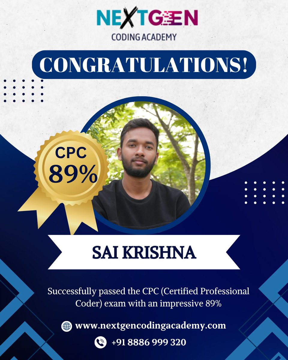 nextgencoding25's tweet image. Congratulations Sai Krishna!
We are delighted to announce that Sai Krishna has successfully cleared the CPC (Certified Professional Coder) exam with an excellent 89% score!
📞 Call: +91 8886 999 320
🌐 Visit: nextgencodingacademy.com
#NextGenCodingAcademy #MedicalCoding #CPCExam