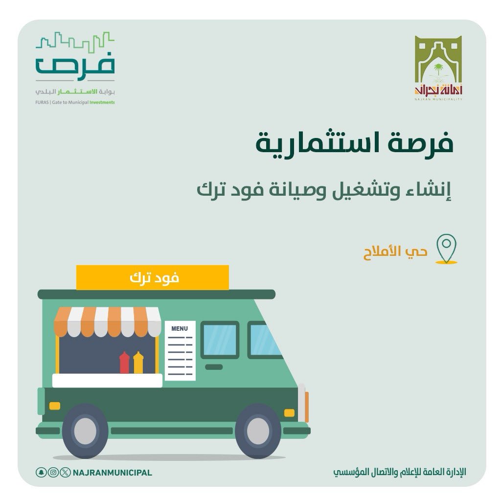 #فرصة إستثمارية

فود ترك بحي الأملاح.
 
#أمانة_منطقة_نجران