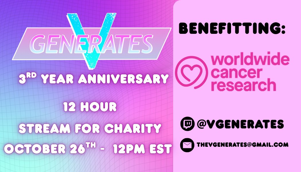 🎉 The VGenerates are turning 3 years old! 

Celebrate with us on Sunday, October 26th @ 12PM EST for our anniversary charity stream 🎮💖

All donations go to the Worldwide Cancer Research Foundation 🌎💛
Don’t miss the fun → twitch.tv/vgenerates