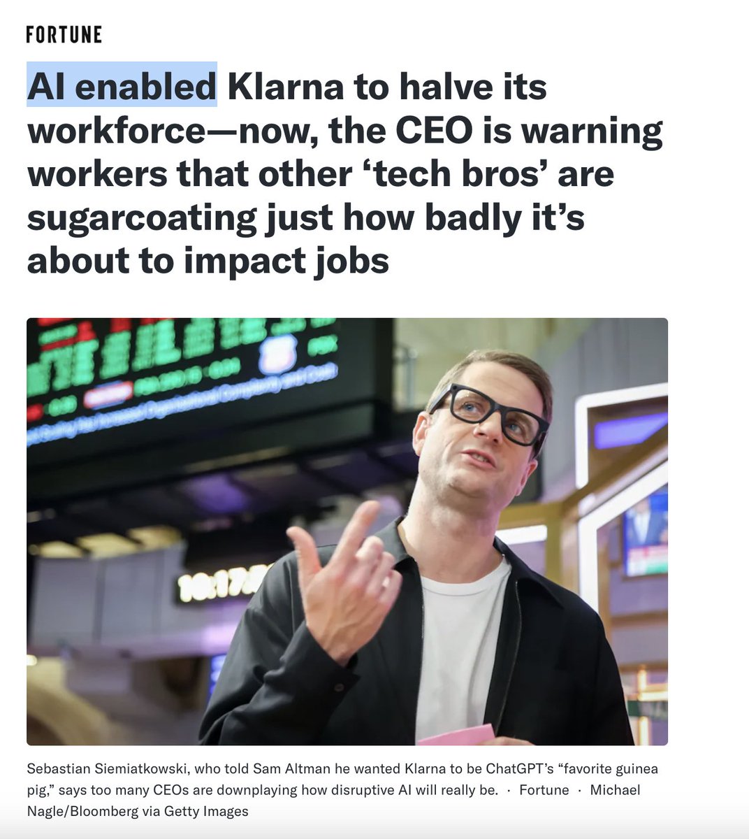 GergelyOrosz's tweet image. It bothers me to no extent that the media plays how Klarna whistles
Klarna wants to the headlines to say "AI-enabled Klarna"
It would have halved its workforce without AI because it overhired 2x in 2020-21 and never corrected till now
But this is how they get front pages