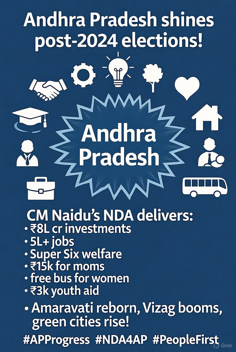 msk_kiran07's tweet image. 🌟 Andhra Pradesh shines post-2024 elections! 🚀 CM Naidu’s NDA delivers: ₹8L cr investments, 5L+ jobs, Super Six welfare (₹15k for moms, free bus for women, ₹3k youth aid). Amaravati reborn, Vizag booms, green cities rise! 💪 #APProgress #NDA4AP #PeopleFirst