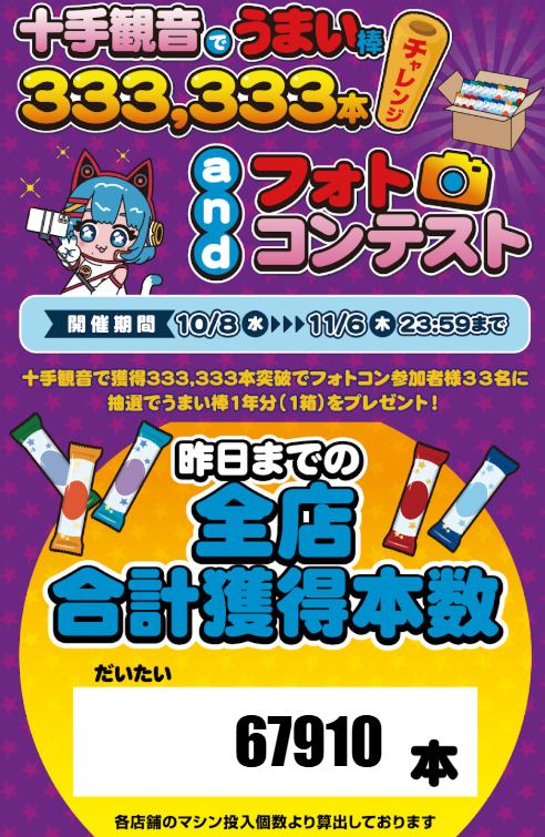 サープラ長野@激取れ!クレーンゲーム商店街開催中 (@3rdnagano) on Twitter photo サープラあそびタウン全店で開催 #うまい棒333333本チャレンジ
約6万8千本!!達成まであと、約26万5千本!
#あそびタウン #うまい棒 #キャンペーン #サープラ #十手観音 #クレーンゲーム <a href="/3rd_official/">【公式】サードプラネット</a>
<a href="/Umaemon_40th/">うまい棒【やおきん公式】</a> サープラあそびタウン全店で開催 #うまい棒333333本チャレンジ
約6万8千本!!達成まであと、約26万5千本!
#あそびタウン #うまい棒 #キャンペーン #サープラ #十手観音 #クレーンゲーム <a href="/3rd_official/">【公式】サードプラネット</a>
<a href="/Umaemon_40th/">うまい棒【やおきん公式】</a>