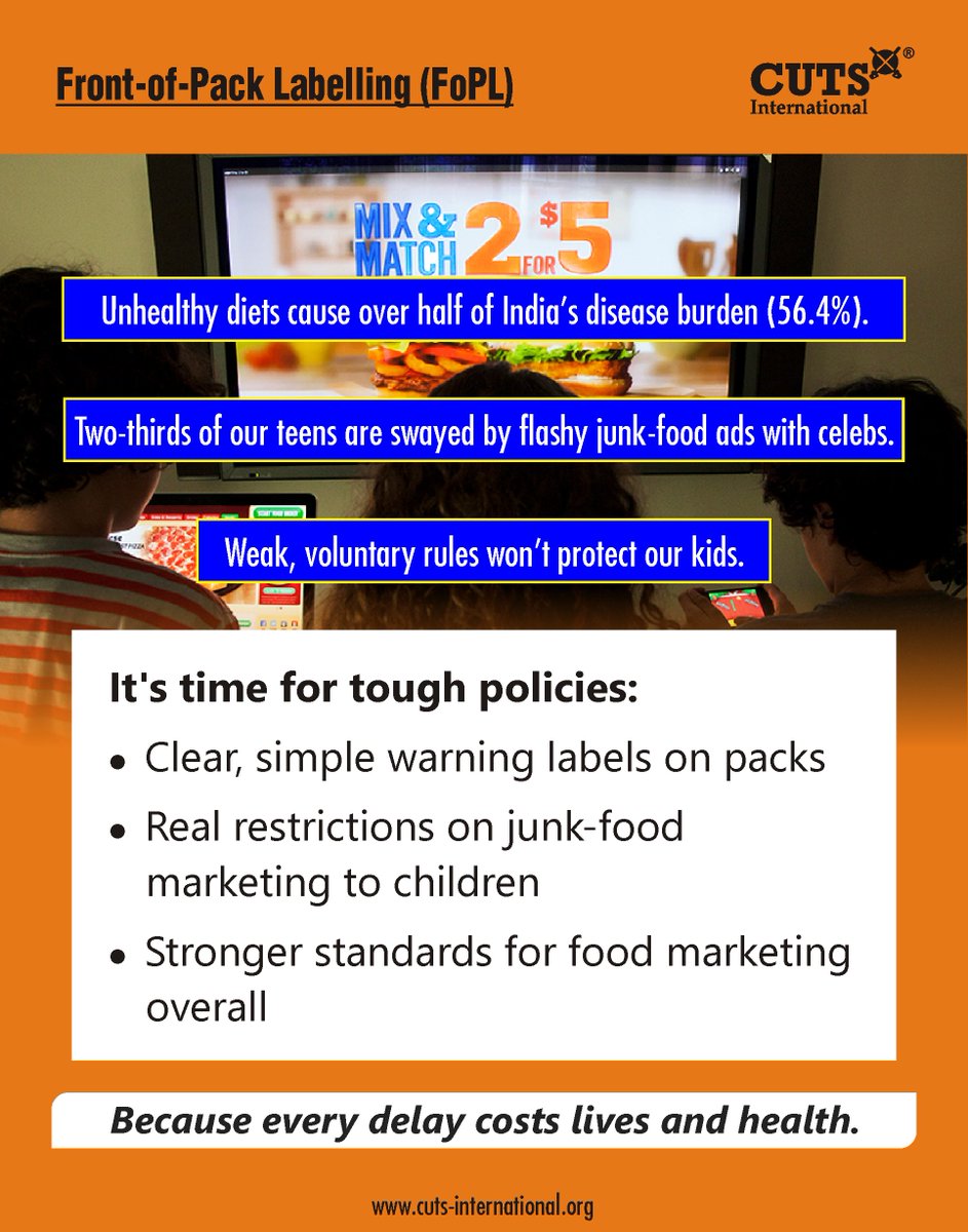CUTS_CART's tweet image. India’s obesity crisis is growing - and our current food labels aren’t helping.

We need clear, front-of-pack warnings to truly protect public health.

#LabelItRight #HealthyIndia #cutsinternational
@fssaiindia @MoHFW_INDIA @kalita_mp @WHO @amratindolia @Simi_TB