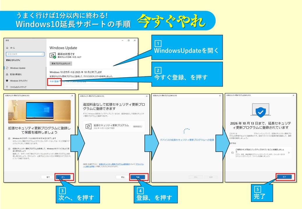 【今日明日中に使える！】
Windows10(一般利用ユーザ向け)の
1年間の延長サポート登録手順、がこちら

※法人の場合は契約が変わるので各自確認ください
※この手順を行って発生した被害は一切責任とりません