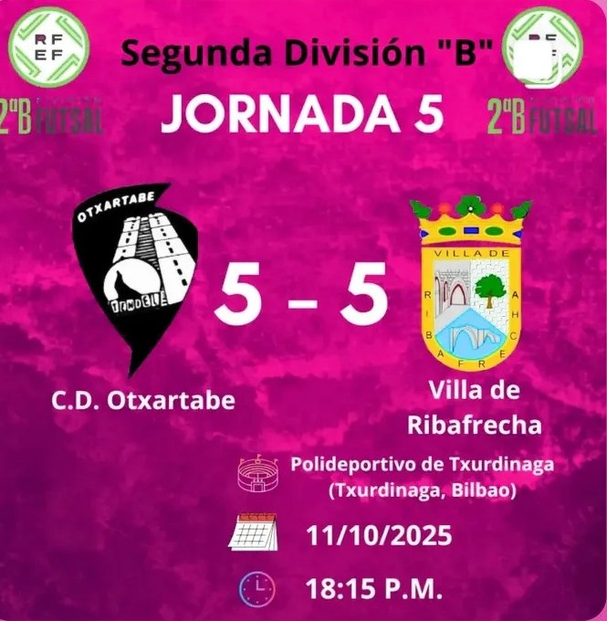 El Villa de Ribafrecha sigue sumando.
Jornada 5
Otxartabe 5-5 Villa de Ribafrecha