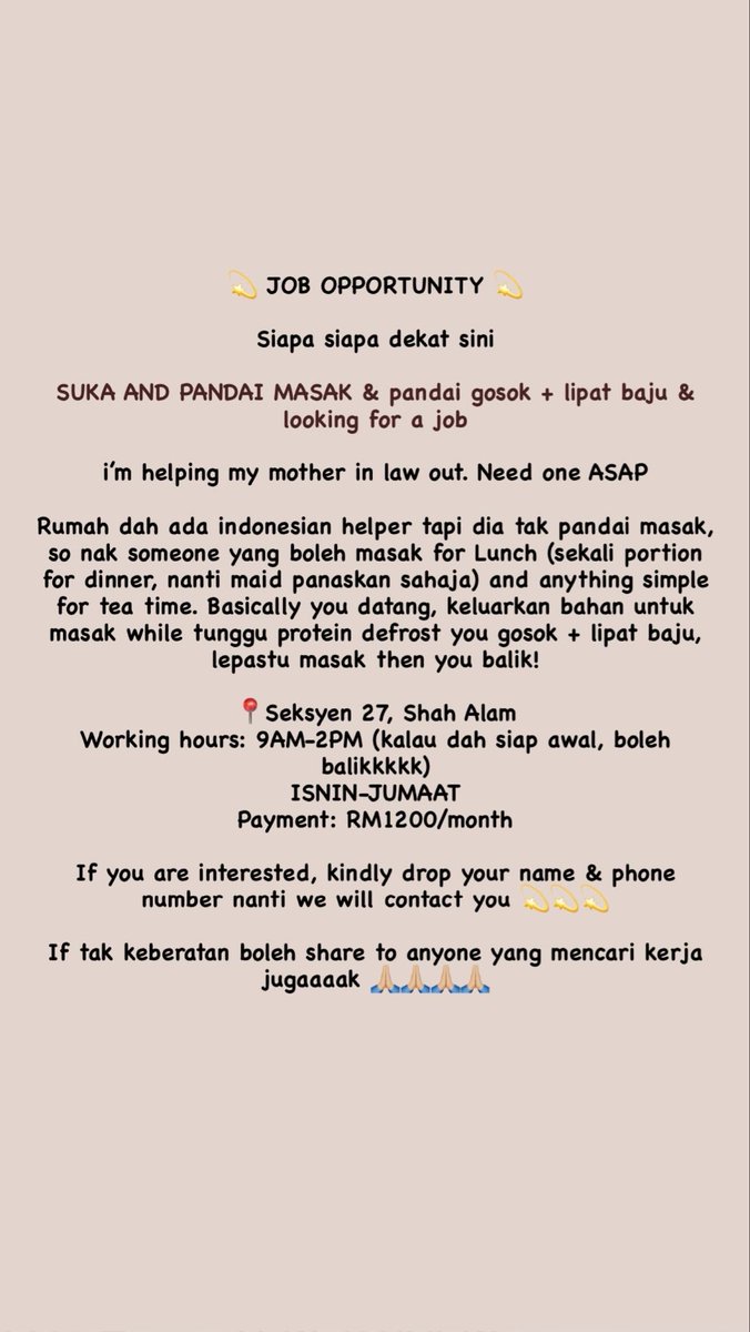tahaneeshauki's tweet image. Tumpang kejap, siapa siapa yang nak kerja, 5 hours je, yang penting pandai masak + gosok baju kemas