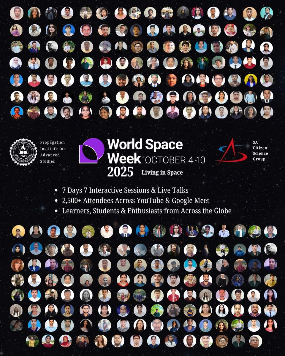 Propagationn's tweet image. World Space Week 2025 — Living in Space 🚀
7 Days • 7 Sessions • 2500+ Participants 🌍
🎥 Watch recordings → youtube.com/playlist?list=…
🌐 Details → propagationinstitute.org/space-week-2025
#WorldSpaceWeek #LivingInSpace #SpaceScience
@WorldSpaceWeek #wsw2025