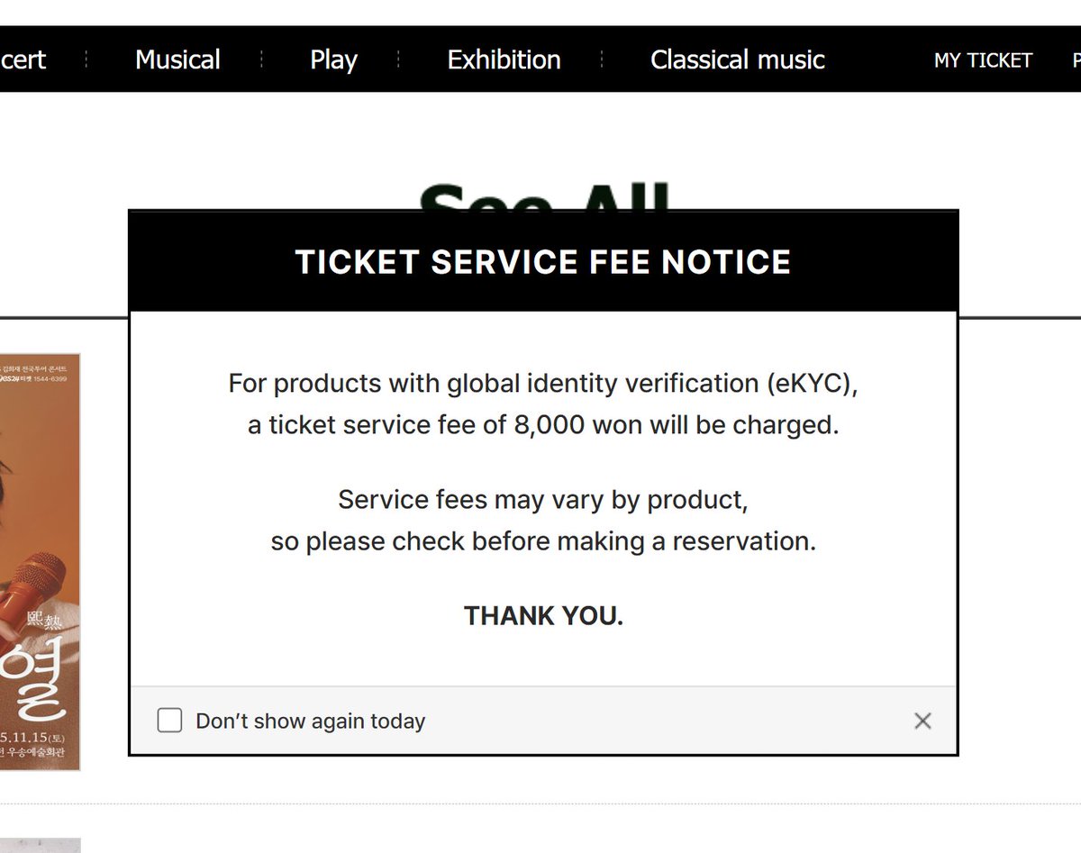 ⚡お知らせ YES24グローバルサイトの手数料が値上がりするようです。 ーーーーーー チケット手数料に関するお知らせ  グローバル本人確認（eKYC）対応商品の場合、チケット手数料として8,000ウォンがかかります。  手数料は商品によって異なる場合がございますので、ご予約 ...