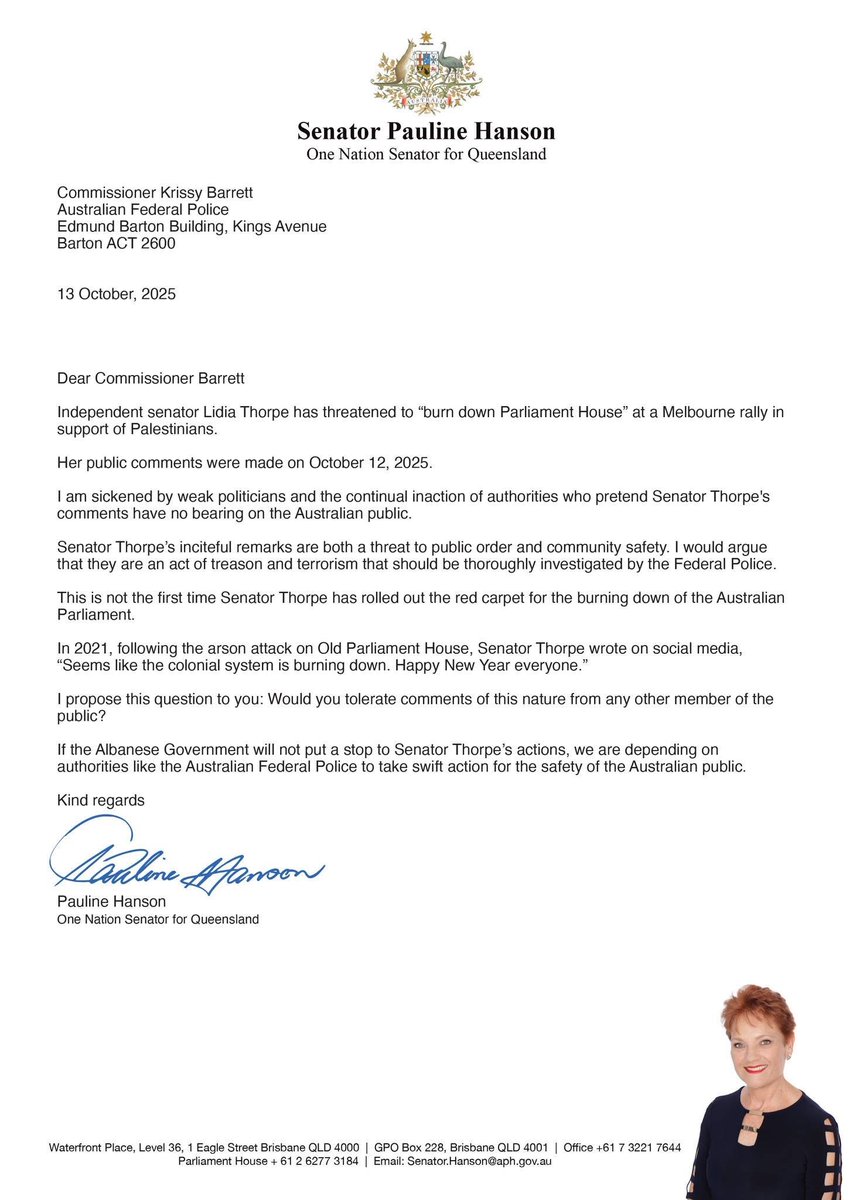 The shameful actions of former Greens senator, Lidia Thorpe at yesterday's pro-Palestine protests should be immediately investigated by Federal Police.

Unlike the weak response from other politicians, I have written to the Federal Police Commissioner seeking her assistance.
