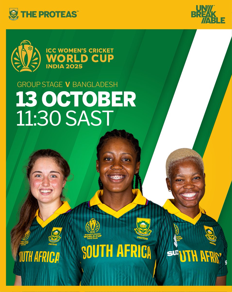 Match Day 🏏🇿🇦

#TheProteas Women are back in action for their 4th #CWC25 clash. This time taking on Bangladesh! 💪

Tune into every moment of #Unbreakable spirit on SuperSport.