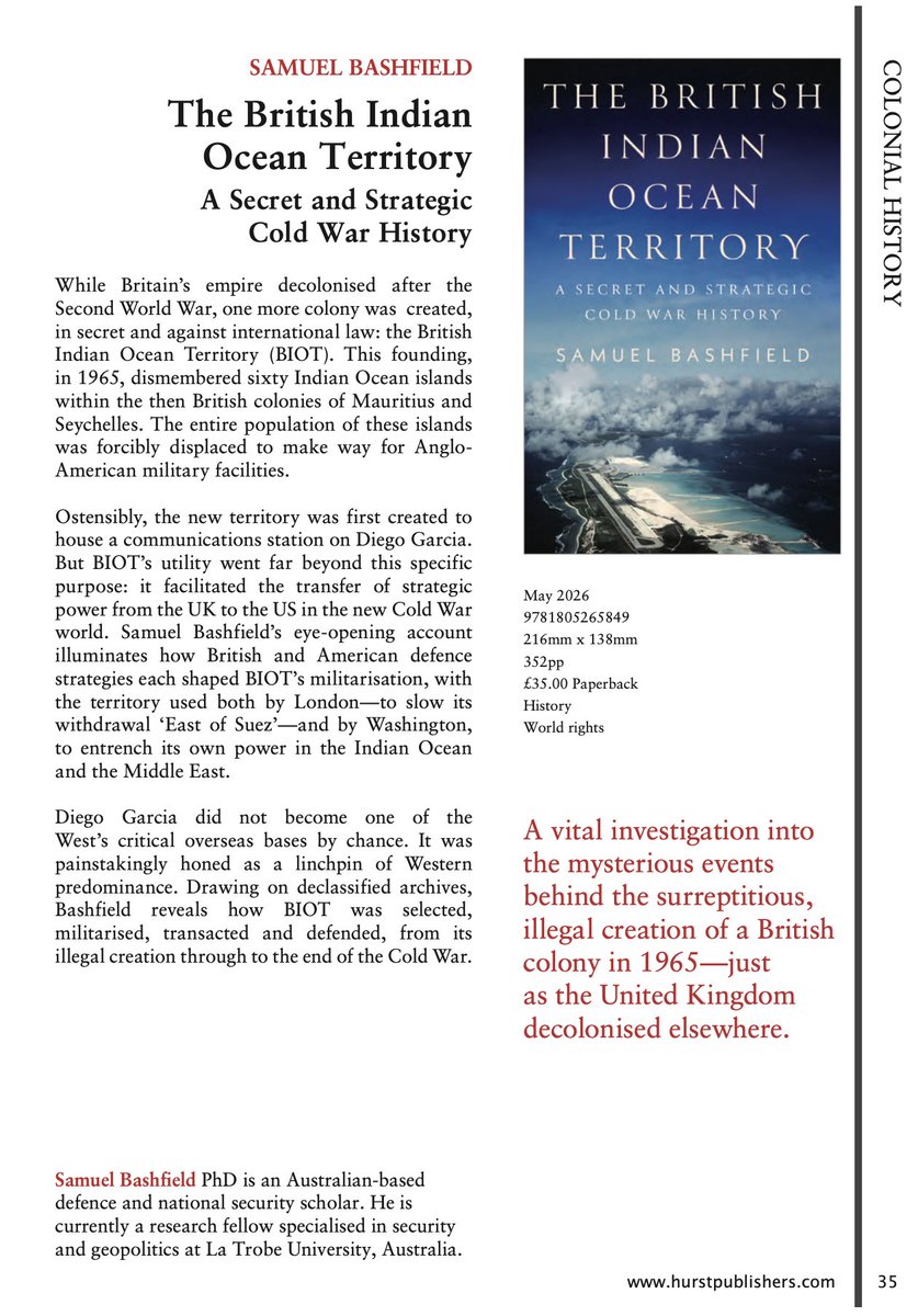My forthcoming book on the British Indian Ocean Territory will soon be available for pre-order with <a href="/HurstPublishers/">Hurst Publishers</a>! 

With BIOT being shuttered and sovereignty shifting to Mauritius in the coming months, this book is especially timely.

Pre-order links coming soon.