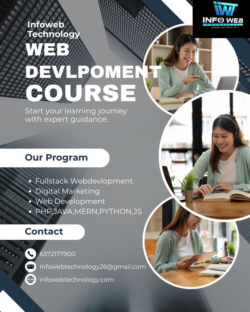 infowebtech26's tweet image. 💻 Kickstart your Web Development Career with INFOWEB TECHNOLOGY!
Learn HTML, CSS, JS, Python, PHP, JAVA &amp;amp; MERN from expert trainers. 🚀
Build projects, gain skills, get job-ready!
📞+91 6372177900 | 🌐 infowebtechnology.com
#WebDevelopment #FullStack #InfowebTechnology #Coding