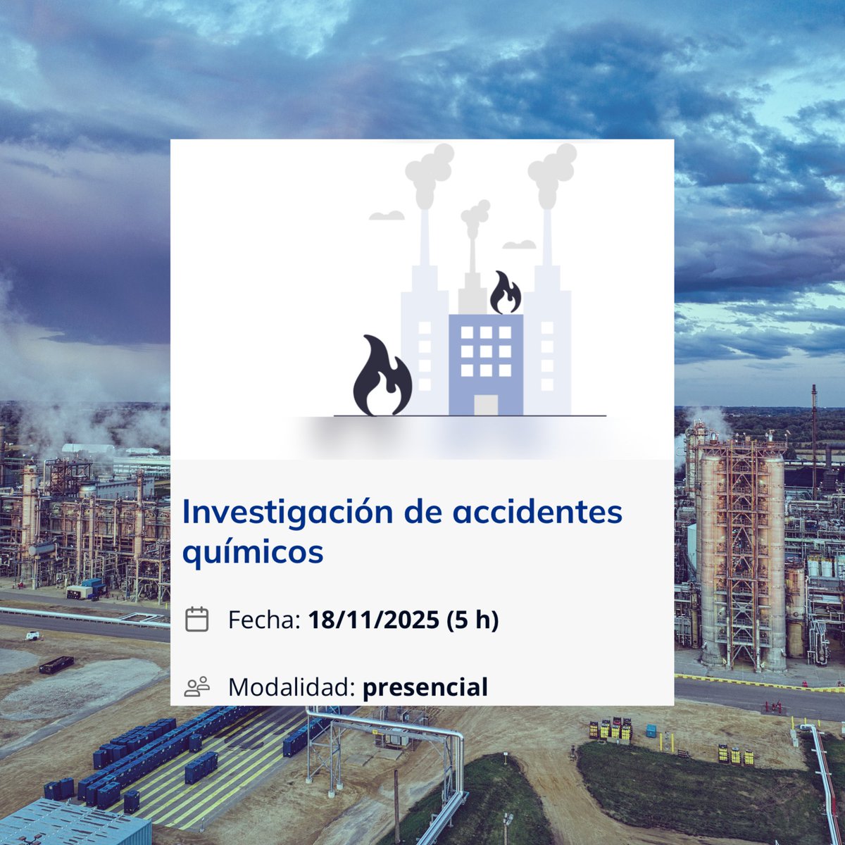 INSST_MITES_GOB's tweet image. 🎓 Nuevo curso #INSST
Aprende a investigar accidentes químicos con casos reales y metodología práctica 🧪

📍 Barcelona | 18 nov | 09:00–14:00 | Presencial
⚠️ Plazas limitadas

¡Reserva la tuya! 🔗 run.gob.es/dmv945eb 

#FormaciónPRL