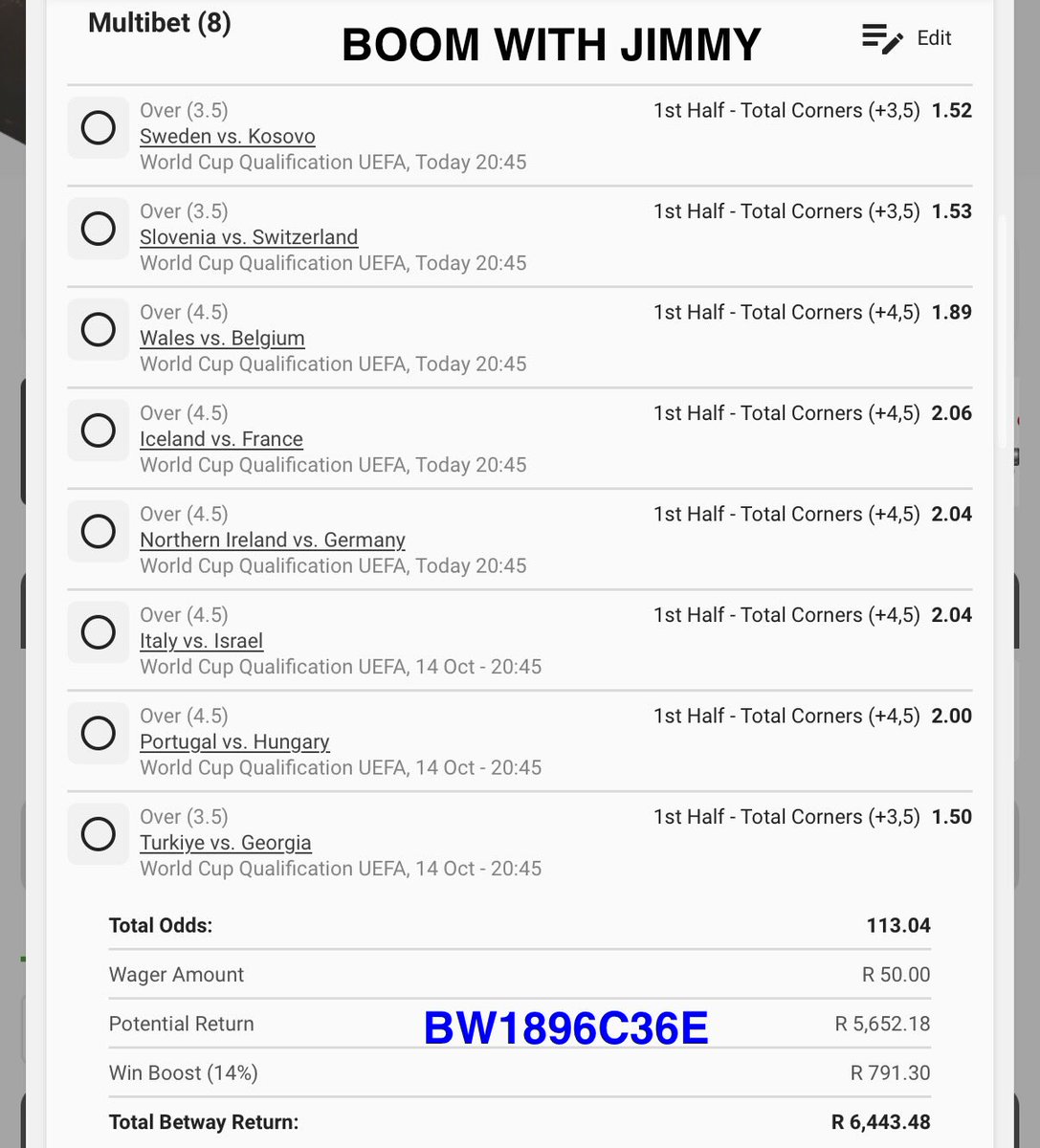 jimmyabza_za's tweet photo. Over 3.5/4.5 Corners ⛳️⛳️

BW1896C36E 
20:45

Link: https://t.co/hXo0phcKYq https://t.co/iIwmpW7M8p