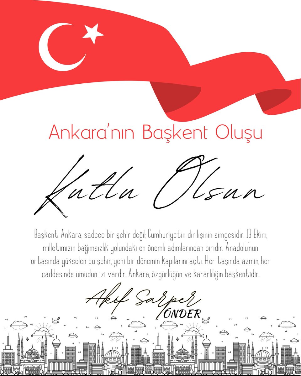 Ankara sadece bir şehir değildir.
Umudun, direnişin ve dirilişin simgesidir.
Başkent oluşumuzun 102. Yılı kutlu olsun.

#AnkaranınBaşkentOluşu
