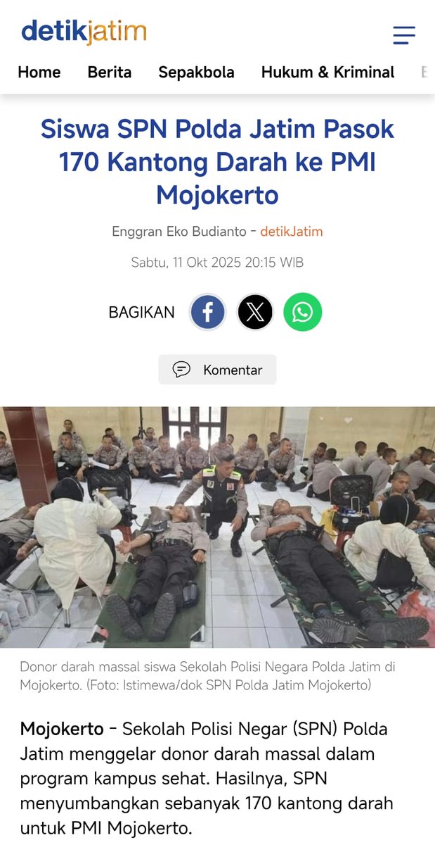 Siswa SPN Polda Jatim berkontribusi memasok 170 kantong darah ke PMI Mojokerto. Semangat membantu sesama 
#HUTHumasPolri74
Setia Melayani Publik