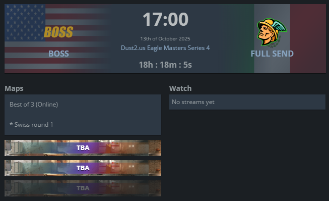 Tuvimos una pausa en las publicaciones, pero estamos de vuelta con todo el power. ¡Se viene la Dust.2 Eagle Masters Series #4 y arrancamos contra BOSS!

5:00 PM hora PST.