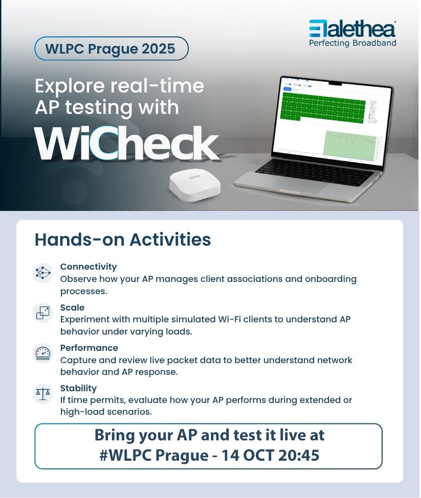 AletheaComm's tweet image. ✅ Experience real-time AP testing with #WiCheck at #WLPCEU2025 in Prague!
Test connectivity, scale & performance live and gain instant insights with our engineers.
📍 WLPC #Prague
🕒 14th Oct, 20:45
🔗 WiCheck by Alethea Communications Technologies
📥: aletheatech.com/wicheck-access…