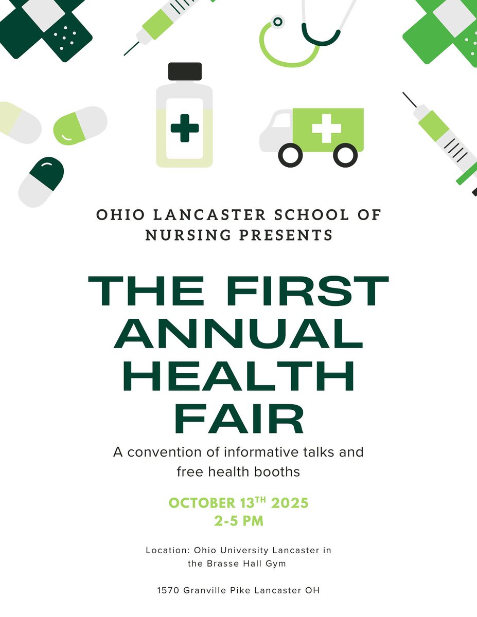Join our senior nursing students for #OHIOLancaster’s 1st annual Community Health Fair!

This event is FREE and open to the public!

Date: TODAY, October 13, 2025
Time: 12 pm to 6 pm

Location: 
Ohio University Lancaster 

Join us and other local health and safety organizations!