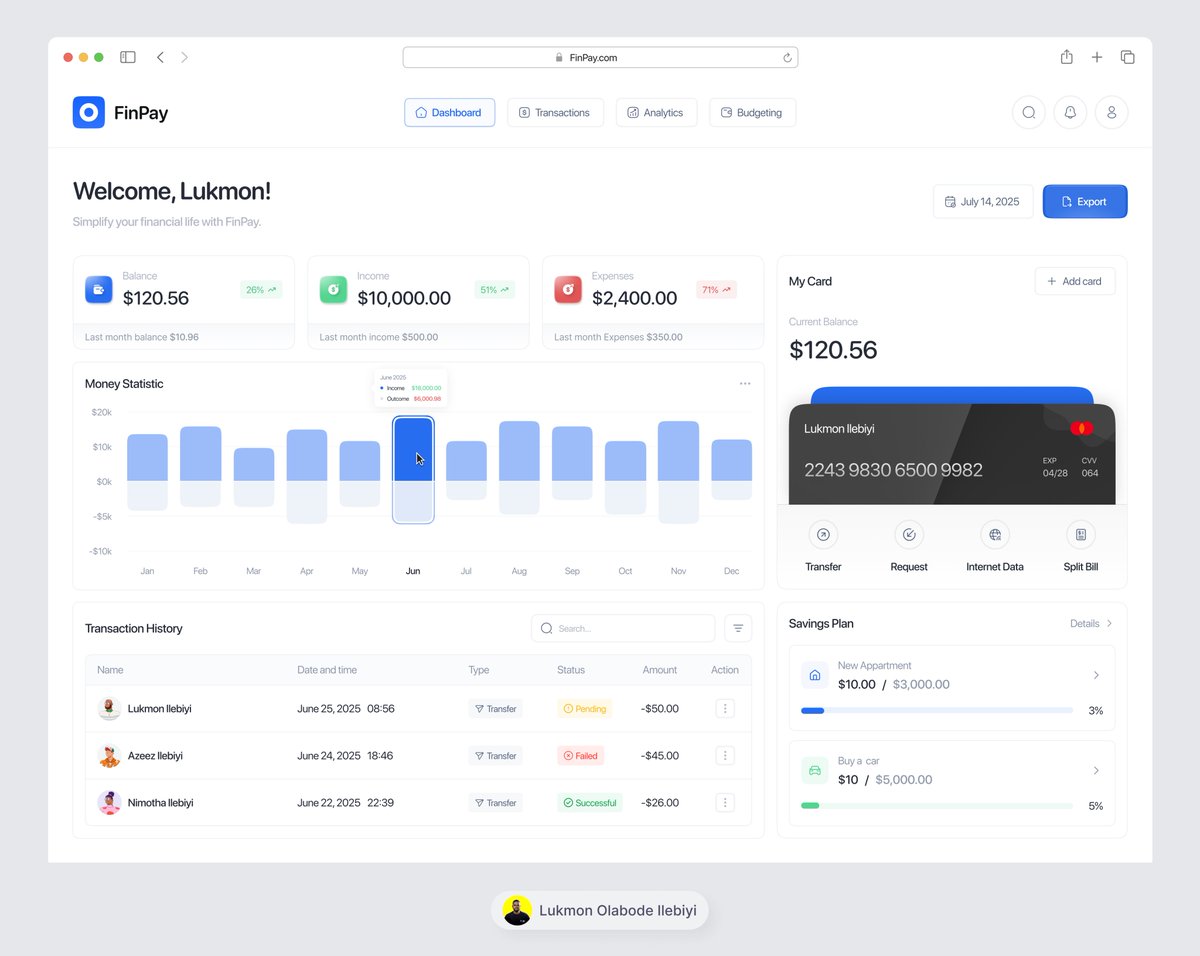 I designed this financial management dashboard for businesses and individuals who want a clear, real-time view of their finances — from income and expenses to savings goals and investment insights.

Need a UI/UX designer for your next project?
Send a DM