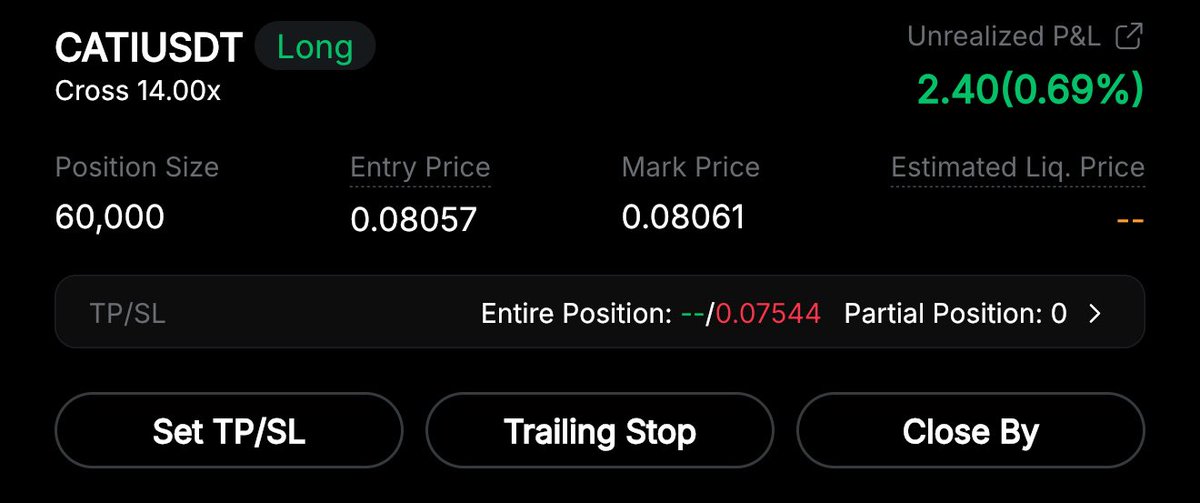 ItsOwlPrints's tweet photo. 🪙 LONG $CATI / USDT  14x
Amount: 5%

🕕 Entry Target: 0.08057

✋ Stop (Exit): 0.07544

Dropping tp if this post gets 500 retweet. https://t.co/Nz6VS7ofdb