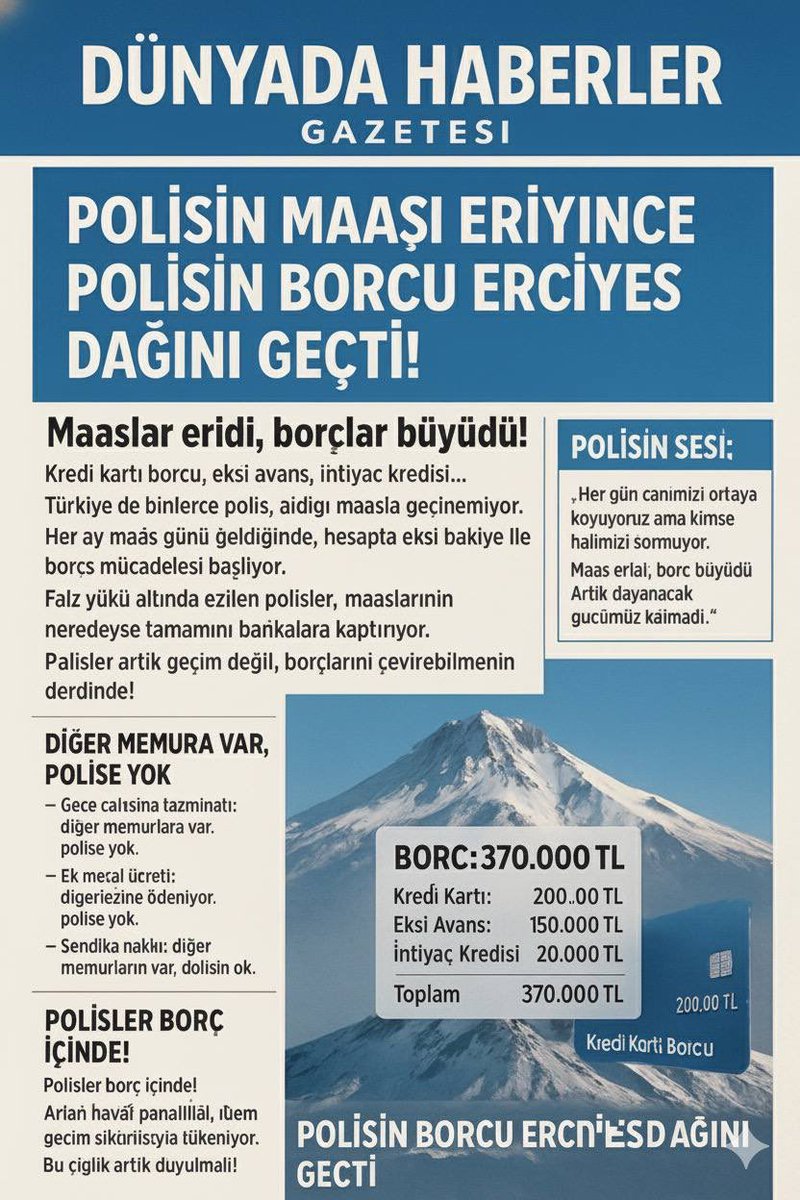 Polisin maaşı eriyince polisin borcu erciyes dağını geçti. 
Maaşlar eridi borçlar büyüdü
Diğer memurlara var polise neden yok ? #polislerbıktı #pazartesi #günaydın