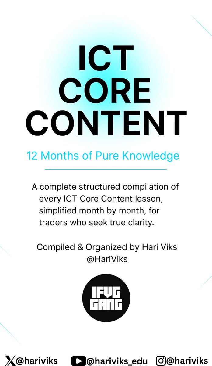hariviks's tweet image. Struggling to connect all the ICT concepts?
Get the 200-page Core Content PDF, every lesson, model & logic flow structured exactly as ICT taught it compiled month by month.
Your shortcut to true mastery.
Like + Comment “CORE” if you want it.
(Must be following to receive)