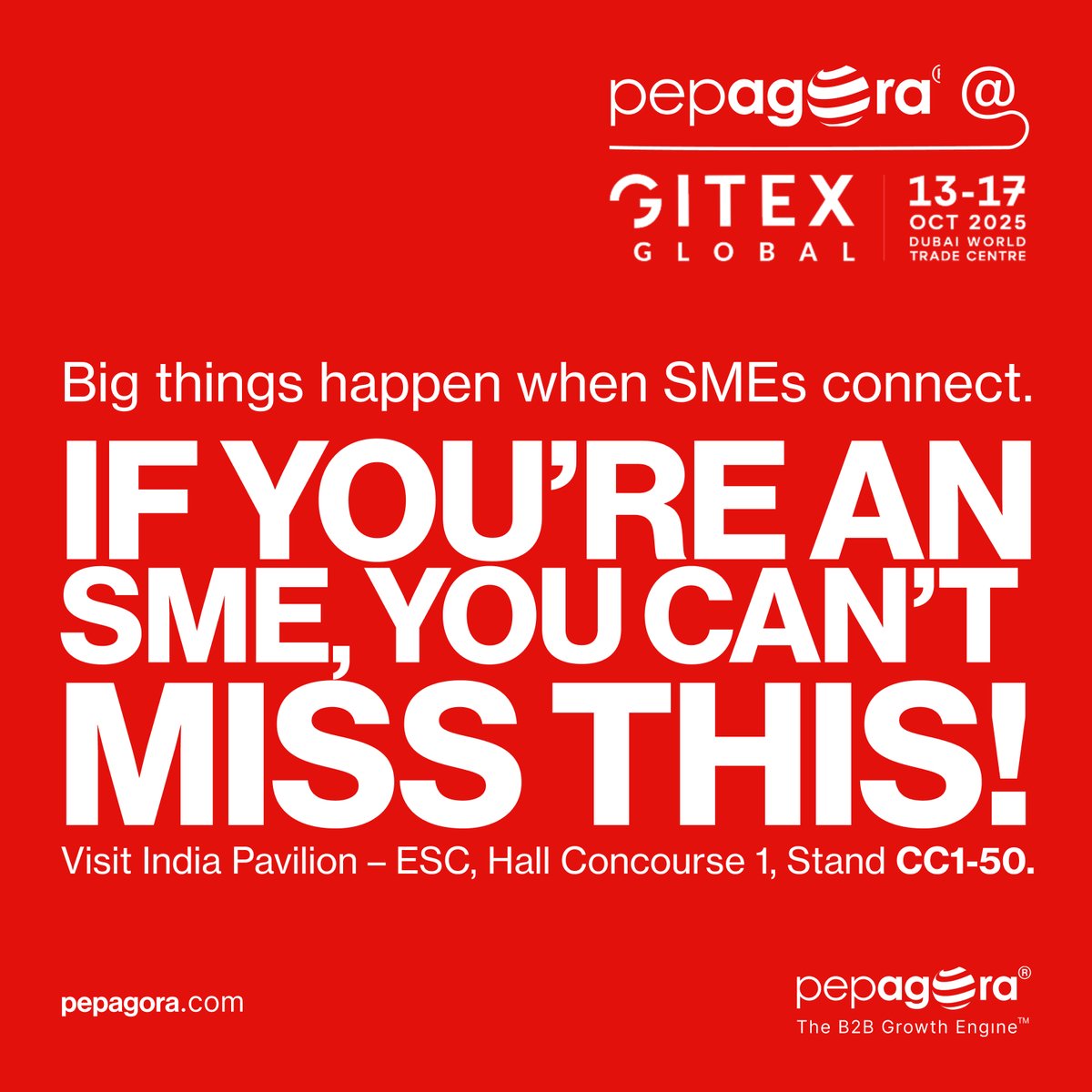 Pepagora's tweet image. If you’re an SME, you can’t miss this!

This is more than an exhibition — it’s where serious business begins. Visit India Pavilion – ESC, Hall Concourse 1, Stand CC1-50.

Check us: zurl.co/GtD3F

#GITEX #SMEGrowth #B2BConnections #BusinessExhibition #TradeOpportunities