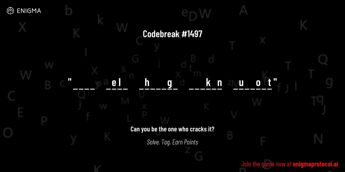 enigmagame's tweet image. New enigma is live. Codebreak #1497.
One phrase. One hour. One shot.
_ _ _ _ _ e l _ _ h _ _ _ g _ _ _ _ k _ n _ u _ _ o _ t
Guess it. Submit. Collect points.
Reply with #codebreak "your guess"