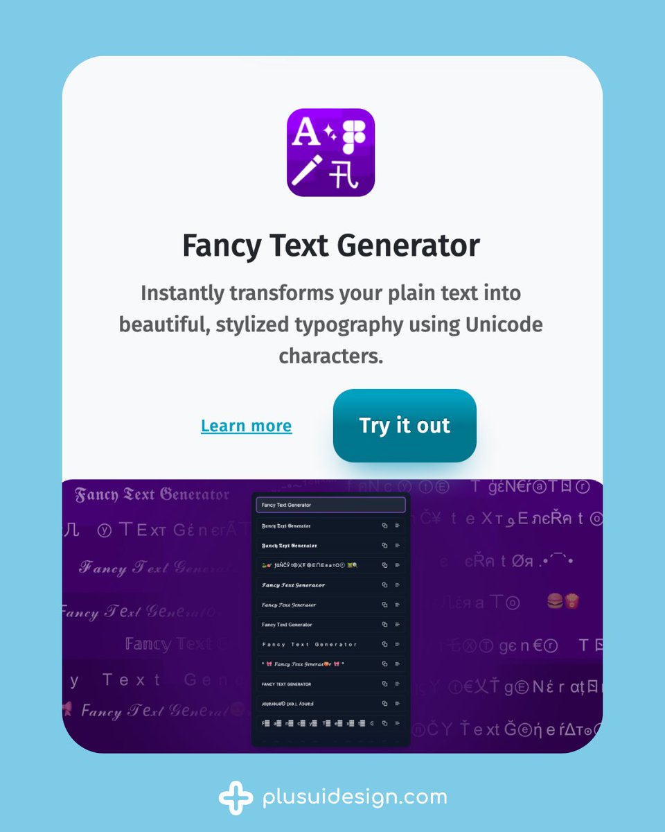 plusuidesign's tweet image. ✨ Fancy Text Generator for Figma ✨
Transform plain text into 75+ stylish typography effects — bold, cursive, glitch, vaporwave &amp;amp; more.
👉 Try it: zurl.co/Ymumi

#FigmaPlugin #Typography #UIDesign