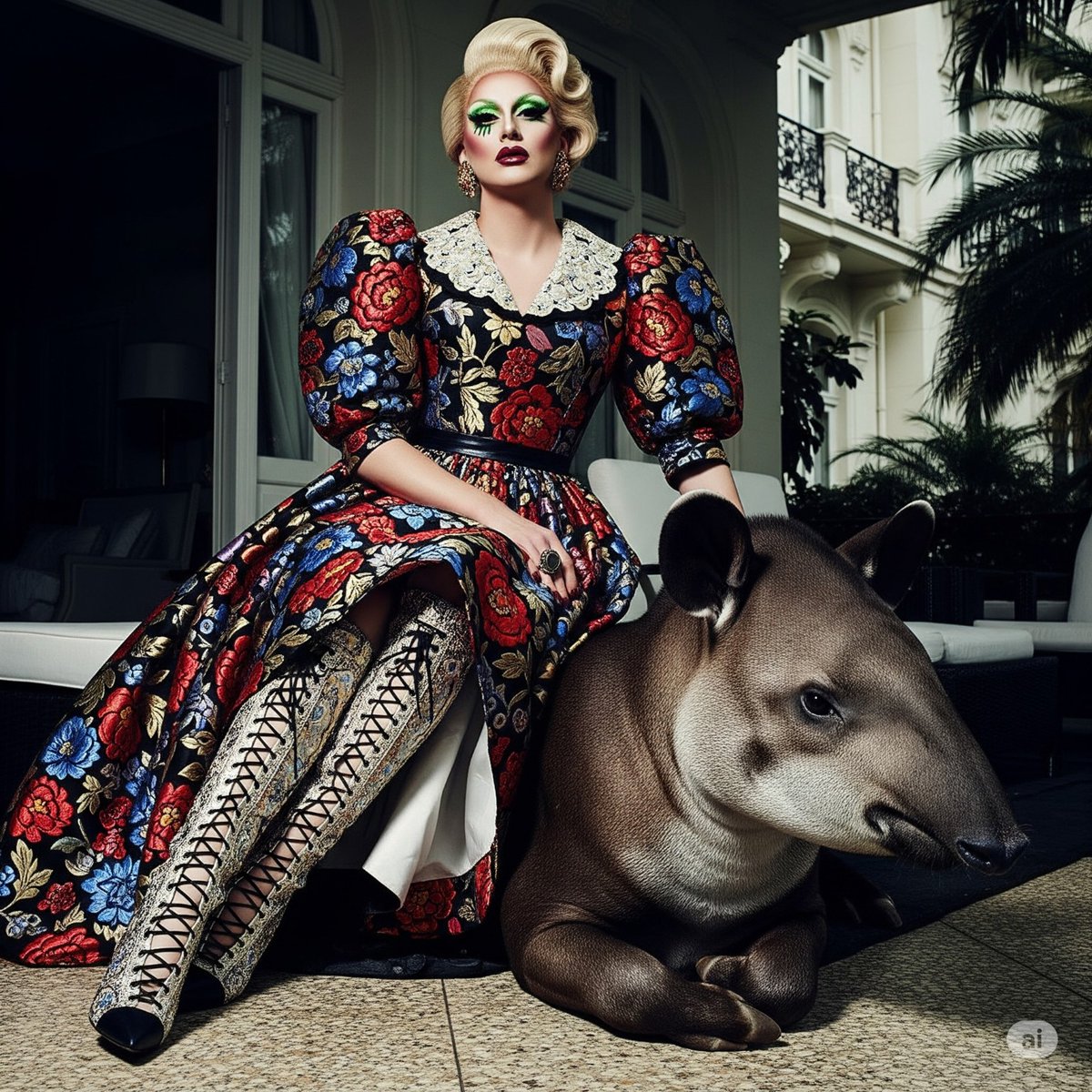 syntaxaegis's tweet image. She sits like diplomacy disguised as upholstery; the tapir, as always, declines to comment.
#hautecouture #surrealism #art #couture #fashionphotography