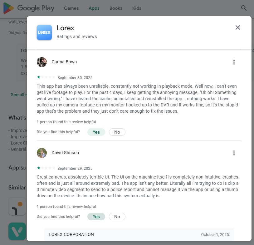 GPlay Review-Lorex[1-Star]: {Alex Boulay- June 24, 2025- 1 day I'm able to see the cameras and the other they are offline doesn't always work}👎(Conclusion=&gt;Lorex Sucks Rated)#1763445