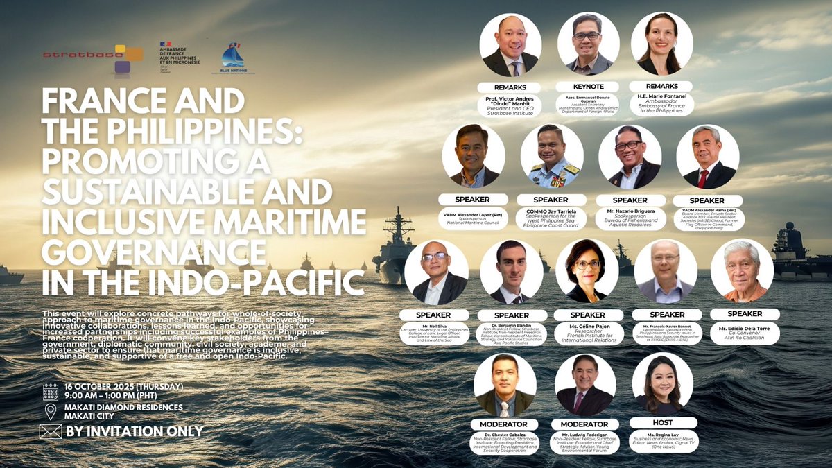 FrenchEmbassyPH's tweet photo. 🌊🇫🇷🇵🇭 As part of the #BlueNations Initiative, the French Embassy, in partnership with @StratbaseADRi, will host the 5th installment of the #BlueTalks series, entitled “France and the Philippines: Promoting a Sustainable and Inclusive Maritime Governance in the Indo-Pacific.” https://t.co/KlGKqgup8y