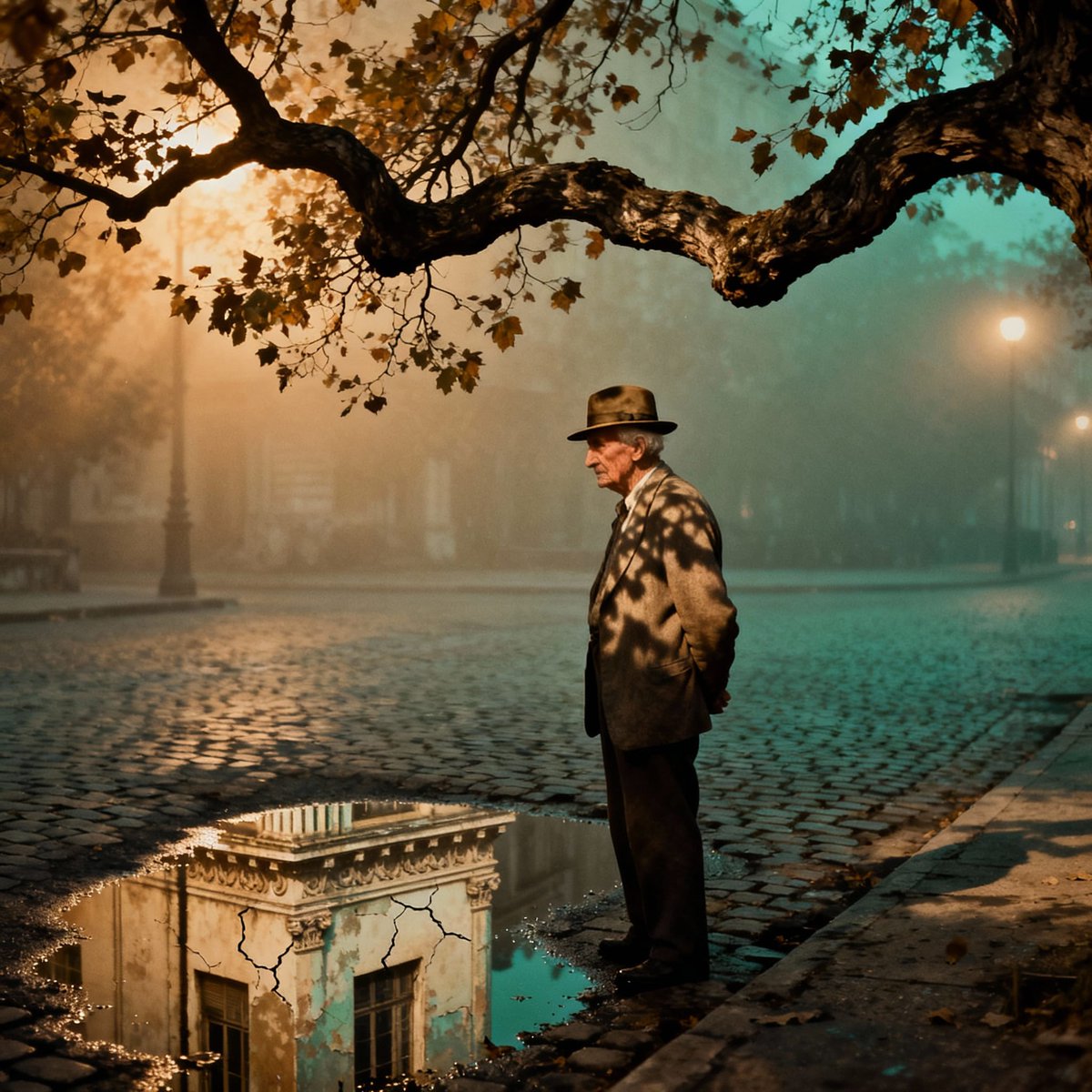 p_chusaengsri's tweet image. An elderly man in a hat stands next to a cracked puddle reflecting a submerged building, surrounded by fog and autumn leaves.
#ElderlyWisdom #AutumnReflections #FoggyMemories #NatureInFocus #UrbanDecay