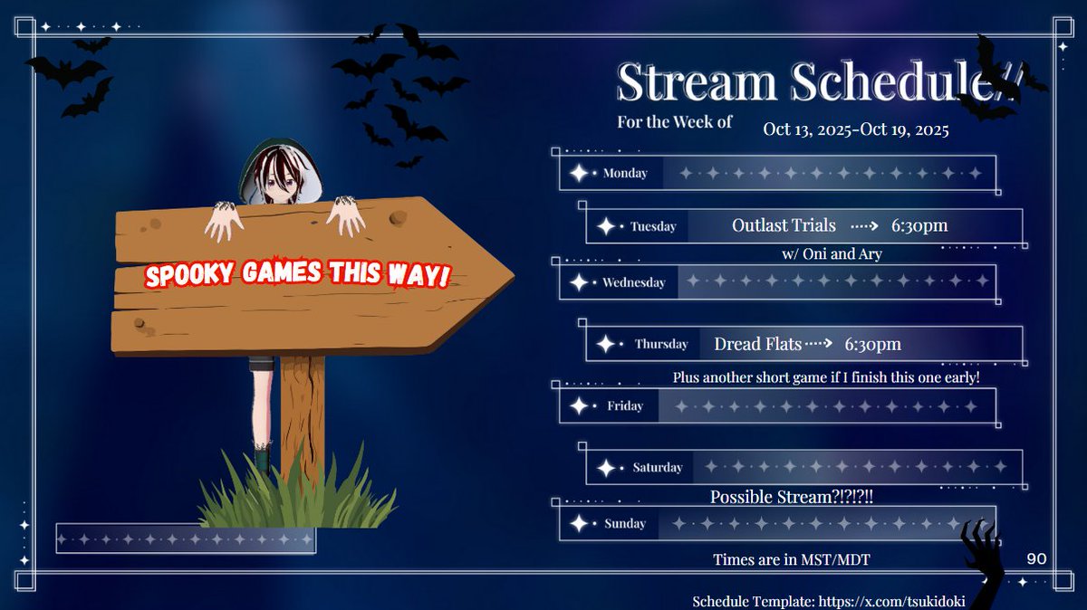 Scheduleeeeee! Starting this week with a collab on Tuesday featuring Ary and Oni and we are playing Outlast Trials! On Thursday I am playing a game that looks horrifying- Dread Flats! Aaaand not sure if I can do a third this week so that one is a maybe!