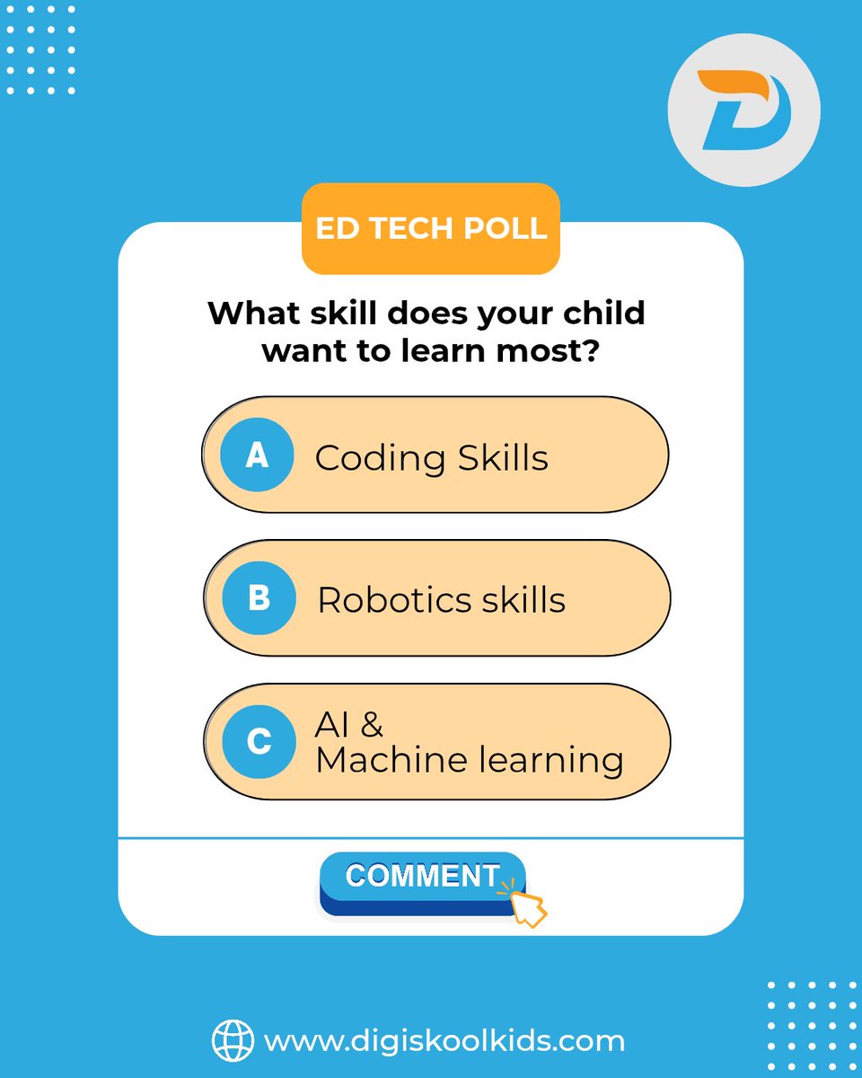 Digiskool1's tweet image. Parents! What gets your child excited about tech?
Coding | Robotics | AI
Drop your vote in the comments 👇
Let’s see which skill wins the poll!
#STEMEducation #CodingForKids #Robotics #AI #TechLearning